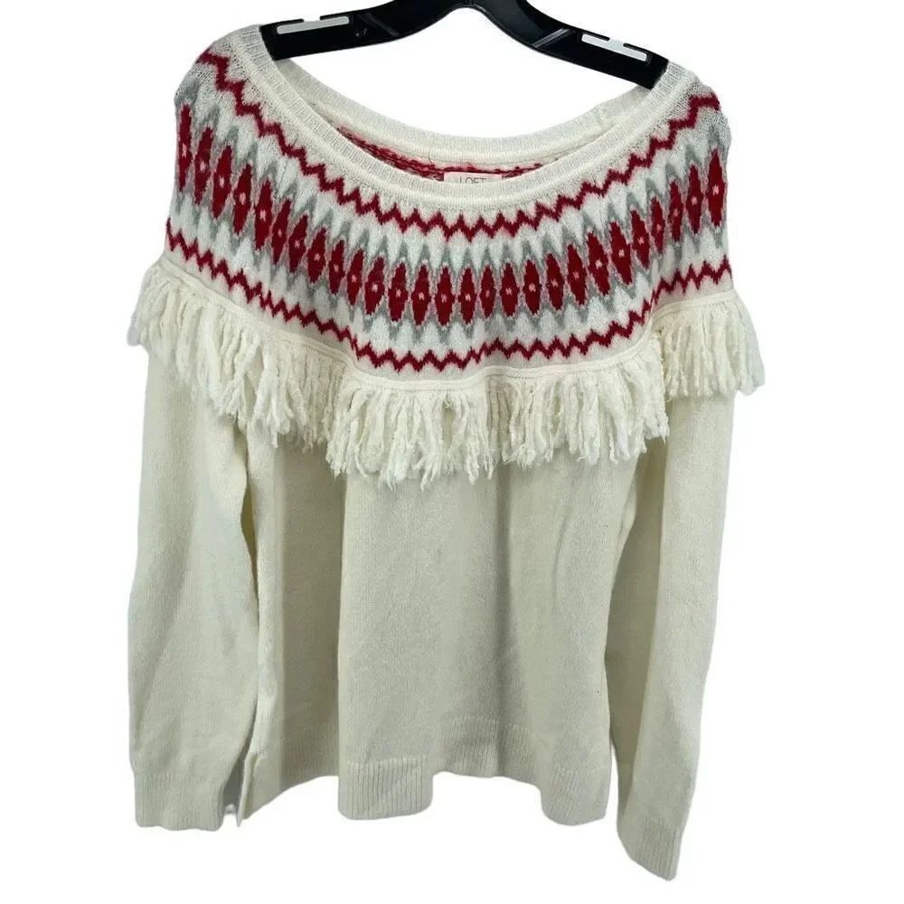 LOFT Outlet Womens Pullover Sweater Fair Isle Fringe Acrylic Wool Red Large